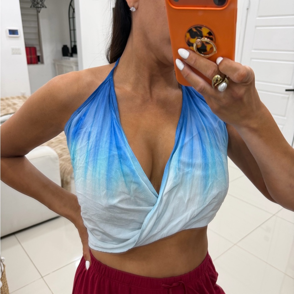 REVOLVE Blue Ombre Halter Wrap Crop Top